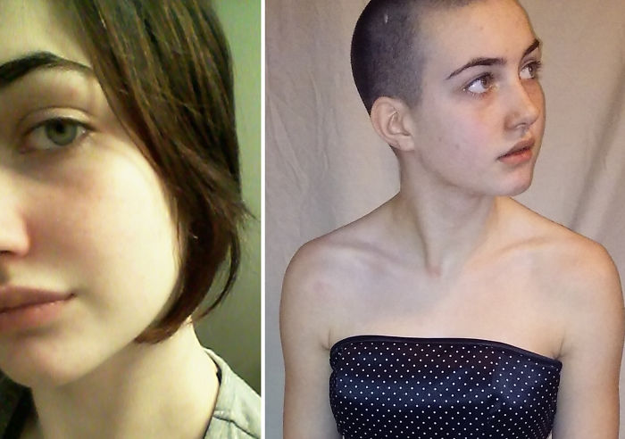 Shaved head before and after engine