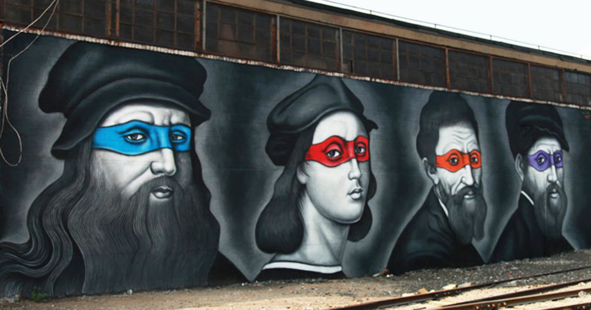 Mural showing Leonardo, Raphael, Michelangelo, and Donatello painted wearing the colorful masks of the Ninja Turtles.