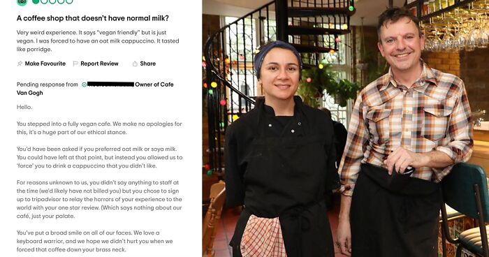 Customer Leaves A 1-Star Review, Saying They Were 'Forced' To Drink Oat Milk, The Vegan Café Owner Responds With The Real Story