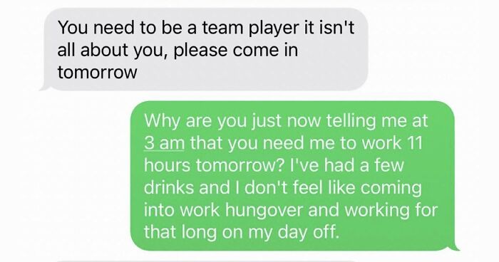 Toxic Boss Messages Bartender At 3 AM Saying They Need To Work In The Morning On Their Day Off, Gets Put In Place