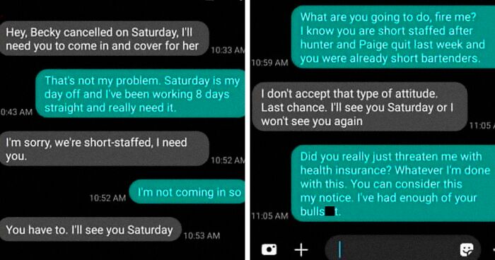 Boss Threatens To Take Away Health Insurance To Scare Employee Into Coming In On Their Day Off
