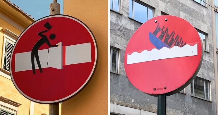 54 Times When Street Artist Clet Abraham Altered Road Signs To Give Them Double Meaning