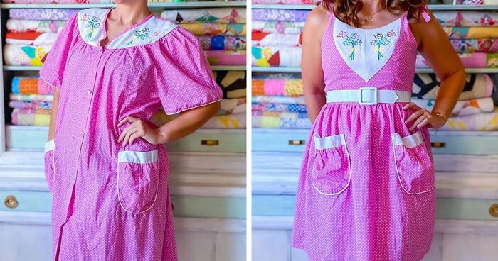 Seamstress Transforms Old Thrift Store Clothes To Create New Outfits, And Here Are 25 Of Her Most Stunning New Designs