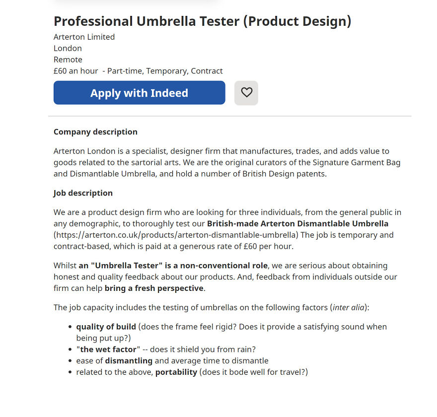 Amusing Job In London: Professional Umbrella Test £60 An Hour!