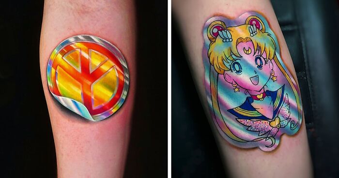 This Brazilian Artist Created 15 Tattoos That Look Like Holographic Stickers