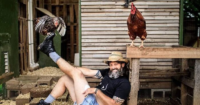 Men Take Pictures With Chickens For A Project Called 