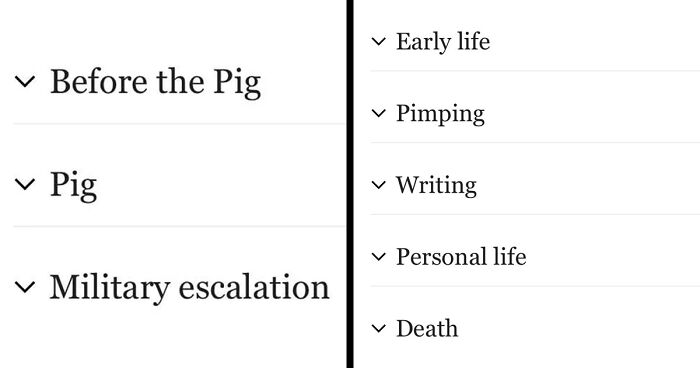 Twitter Users Share Their Best Wikipedia Table of Contents Finds That Sound Ridiculous When You Don't Know The Article's Topic (15 Pics)