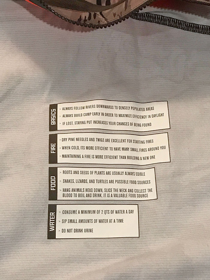 The Inside Of My Jacket Has Outdoor Survival Tips