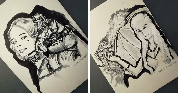 I'm An Artist From Finland And I Use Black Aquarelle To Paint Pop-Culture Villains (20 Pics)