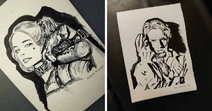 I'm An Artist From Finland And I Use Black Aquarelle To Paint Pop-Culture Villains (20 Pics)