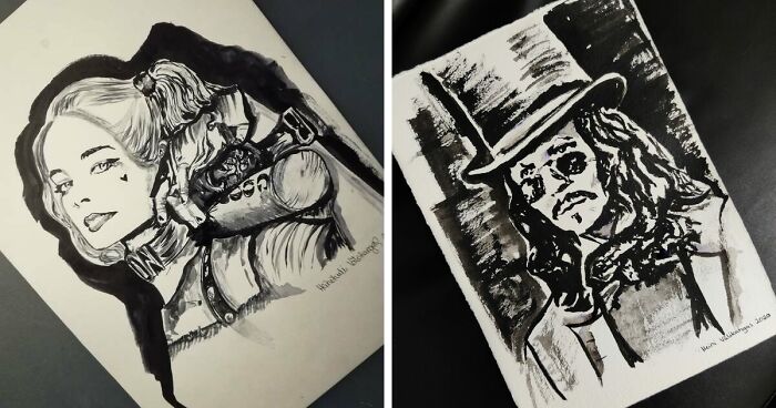 I'm An Artist From Finland And I Use Black Aquarelle To Paint Pop-Culture Villains (20 Pics)