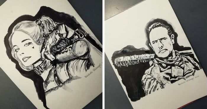 I'm An Artist From Finland And I Use Black Aquarelle To Paint Pop-Culture Villains (20 Pics)