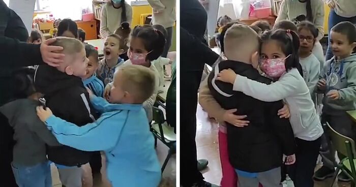 In A Heartwarming Moment, Ukrainian Boy Is Hugged By New Spanish Classmates On His First Day Of School