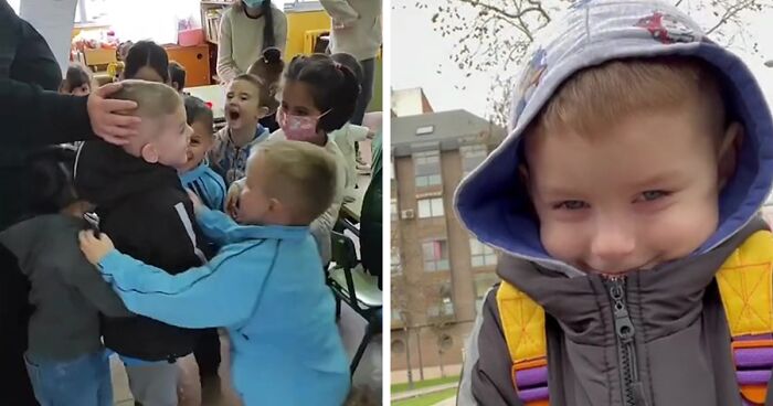 In A Heartwarming Moment, Ukrainian Boy Is Hugged By New Spanish Classmates On His First Day Of School