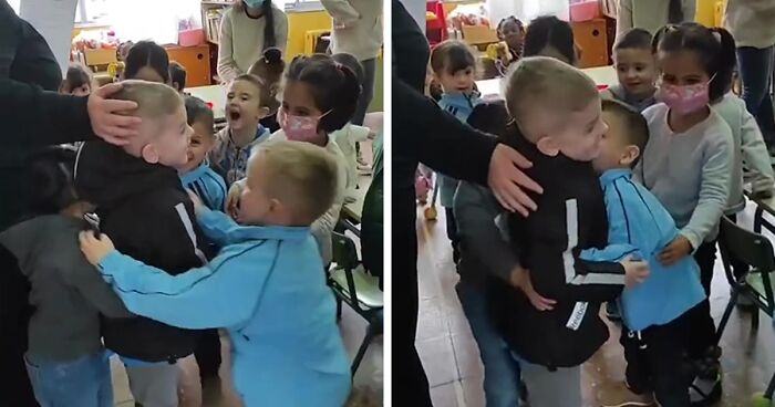 In A Heartwarming Moment, Ukrainian Boy Is Hugged By New Spanish Classmates On His First Day Of School