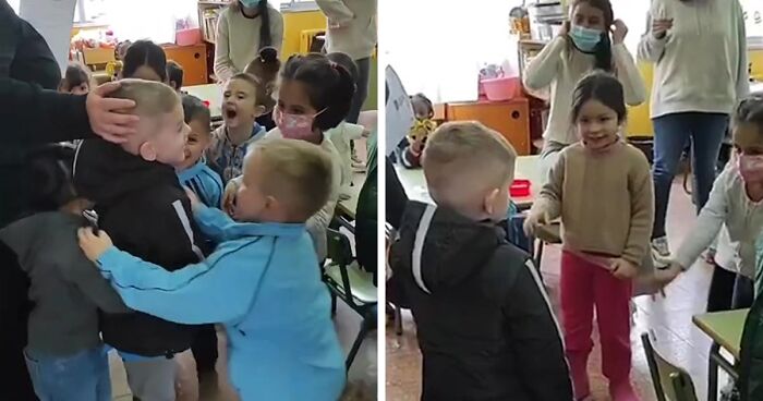 In A Heartwarming Moment, Ukrainian Boy Is Hugged By New Spanish Classmates On His First Day Of School