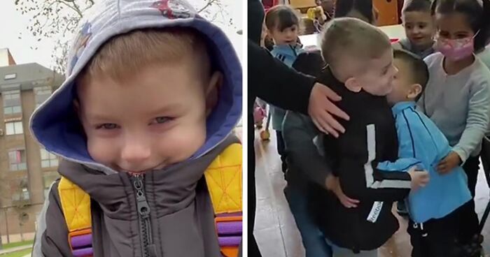 In A Heartwarming Moment, Ukrainian Boy Is Hugged By New Spanish Classmates On His First Day Of School