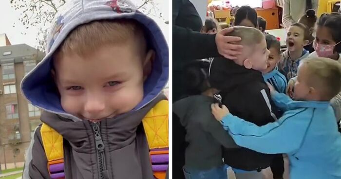 In A Heartwarming Moment, Ukrainian Boy Is Hugged By New Spanish Classmates On His First Day Of School