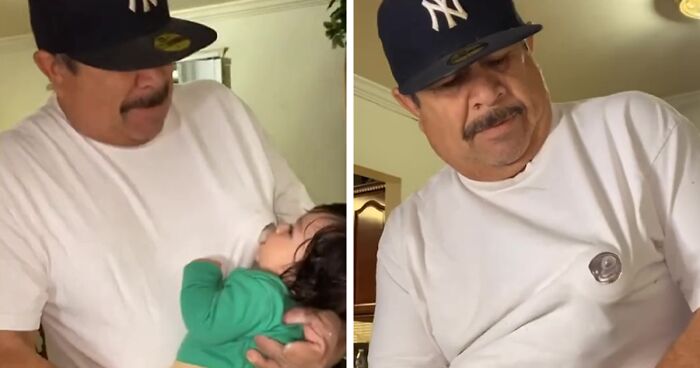 People Are Loving This Grandad’s Idea Of Faking Breastfeeding When The Baby Refuses To Drink Out Of The Bottle