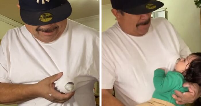 Creative Grandpa Finds A Way To ‘Breastfeed’ Baby That Won’t Drink From A Bottle