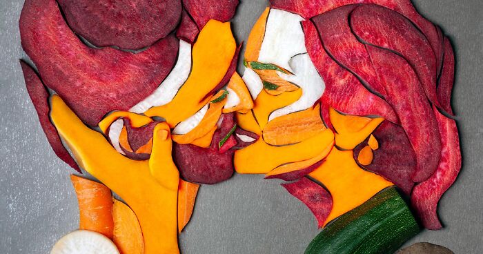 I Tried To Express People's Feelings Through Food Art, Here Are My 10 Vegetable Portraits Of Couples Kissing