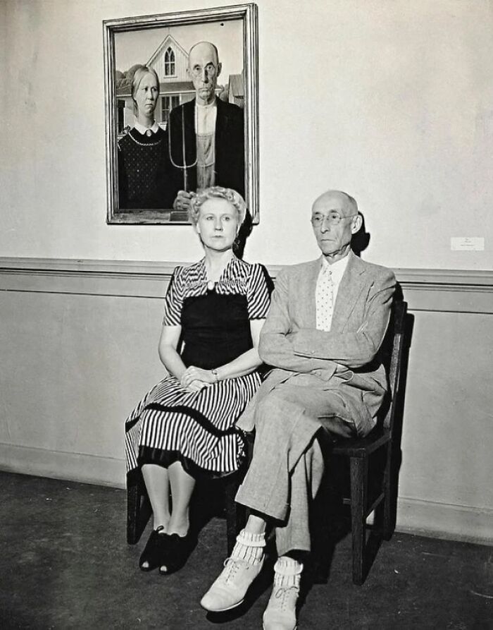 Nan Wood Graham And Dr. Byron Mckeeby Pictured In 1942 Recreating Their Original Poses For The Iconic ‘American Gothic’. She Was The Painter’s Sister, And He Was Their Dentist