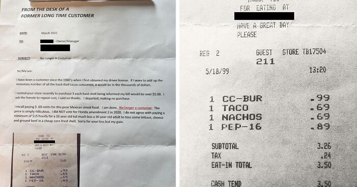 A Formal Complaint Letter Calls Out This Restaurant For Their “Ridiculous” Taco Prices Because They Pay 15 Bucks For 16-Year-Olds