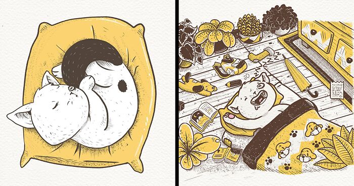 I Make Illustrations Featuring An Introverted Cat That Is Seemingly Enjoying Its Life, And Here’s The Result (30 Pics)