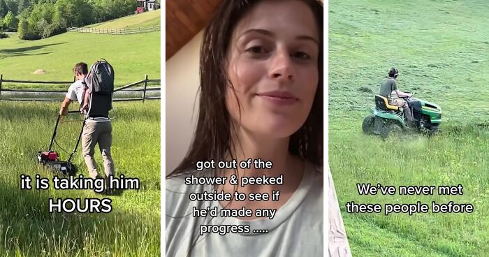 Man Underestimated His Lawn And Bought A Way-Too-Tiny Lawn Mower, Kind Strangers Passing By Saw His Struggle And Came To Help