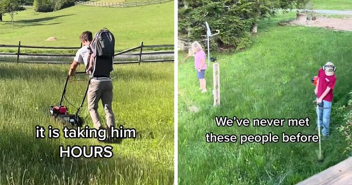 18M People Saw This Video And Loved How These Strangers Jumped In To Help Their New Neighbors After They Bought A Way-Too-Tiny Lawn Mower