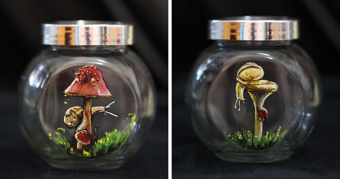 I'm A Romanian Artist, And My Hobby Is Painting On Various Surfaces, Here Are 16 Hand-Painted Little Mushroom Jars