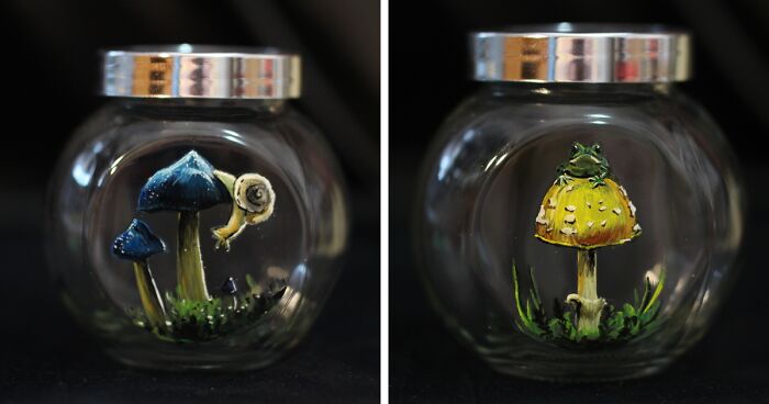 My Hobby Is Painting On Various Surfaces, Here Are 16 Hand-Painted Little Mushroom Jars