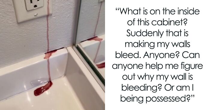 Woman Records Her Efforts To Find Out What Is The Cause Of Her Bathroom Cabinet “Bleeding”, Asks The Internet For Help