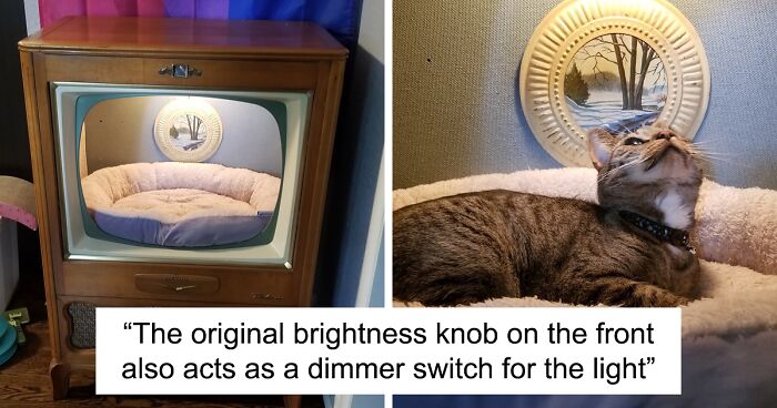 Dad Makes A Cat Bed For His Daughter's Feline From An Old TV, And It Hasn't Gone Unnoticed On The Socials