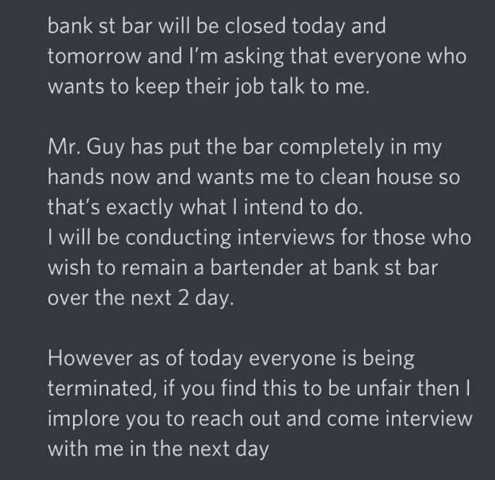 New Bar Manager Fires Literally Everyone, Expects Them To Re-Interview The Next Day