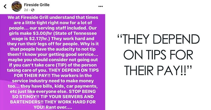 “What In The Hypocrisy”: Restaurant Berates Customers Who Tip Too Little When They Only Pay Servers $3 An Hour