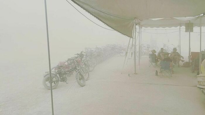 People sitting in the tent during sandstorm 