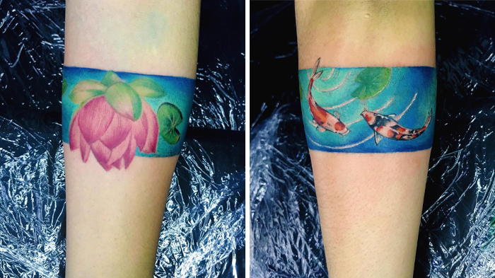 Watercolor lilly and fish armband tattoo