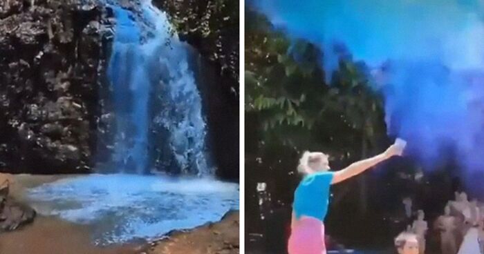 Pregnant Couple Dye An Entire Waterfall For Their Gender Reveal