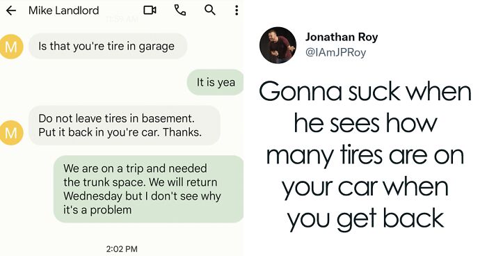 People Are Cracking Up At This Screenshot Of A Landlord’s Message Asking Tenant To Not Keep Tires In His Garage Because He Doesn’t Want To See Them