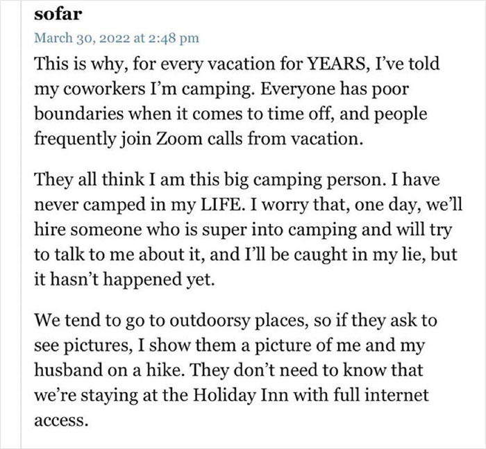 Worker Says They Lie About Camping To Set Boundaries Whilst On Vacation, Prompts Others To Share Their Tricks