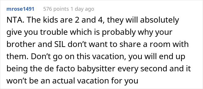 “[Would I Be The Jerk] If I Cancelled My Vacation Ticket Because My Family Wants Me To Share A Room With My Nieces?”