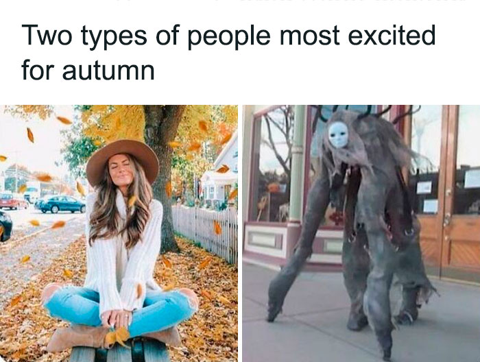 Autumn excitement comparison: a woman in cozy fall attire and a spooky creature, celebrating Halloween with humor.