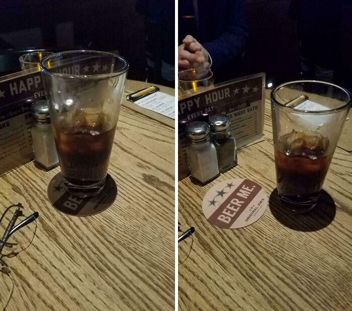 The Shadow On My Brother's Glass Lines Up Perfectly With The Coaster