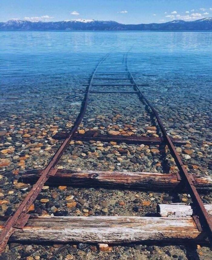 Train Tracks Disappearing Into Lake Tahoe, Ca