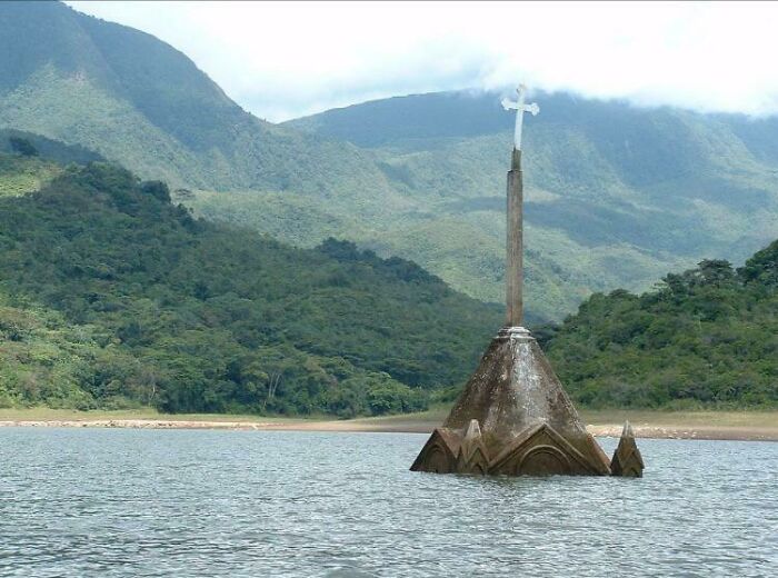 The Only Thing Left Above Water Of The Venezuelan City Of Potosi, Is The Top Of The Churches Bell Tower