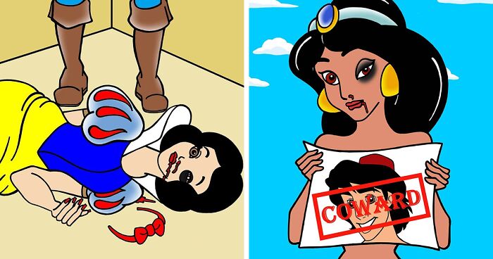 This Artist Created An Awareness Series By Portraying Cartoon Characters As Victims Of Violence Or Breast Cancer