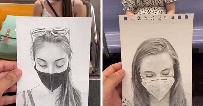 Talented NYC Artist Consistently Amazes Unaware Subway Commuters With Hyper-Realistic Drawings Of Them, Here's 27 New Portraits That Received The Most Attention Online