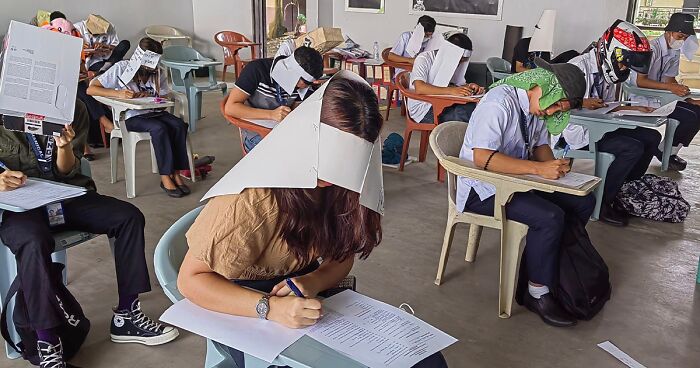 These Students Understood The Assignment When Their Teacher Asked Them To Make Hats To Prevent Them From Cheating During Their Exams