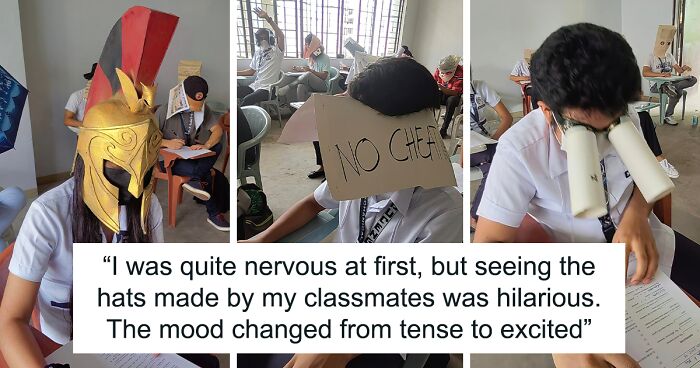 “They Accepted The Challenge Without Any Complaints”: Students Wow Teacher And The Internet With Creative “Anti-Cheating Hats”